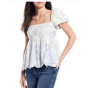 NEW! Antonio Melani Constance Blouse Size 12 Embroidered Eyelet Puff Sleeve Blue